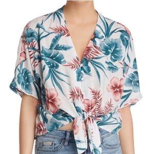 Rails Linen Blend Tropical Top V-Neck Button white Pink Green Size Large